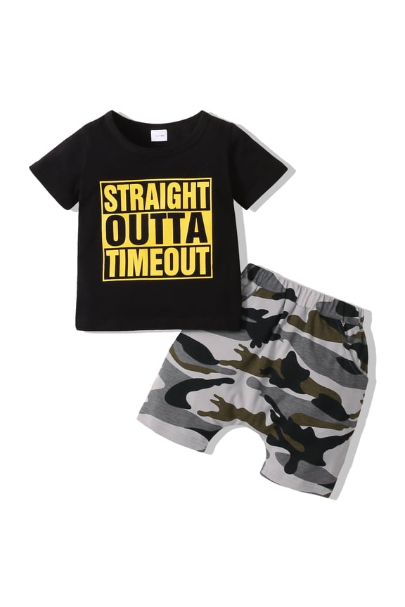 Toddler Baby Boys Clothes Baby Boys 2PCS Summer Outfits 18-24 Months Boys Letter Print Short Sleeve Top Camouflage Shorts Set Black