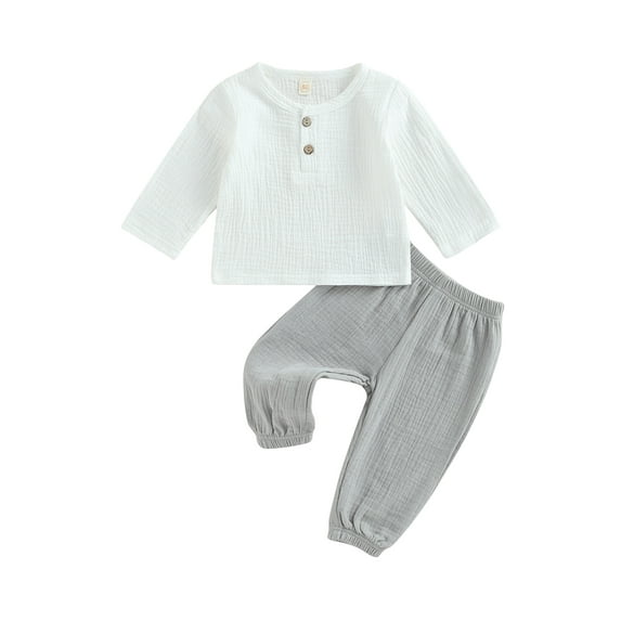 Toddler Baby Boys Clothes Cotton Linen Outfit Muslin Long Sleeve T-Shirt Tops Pants Set