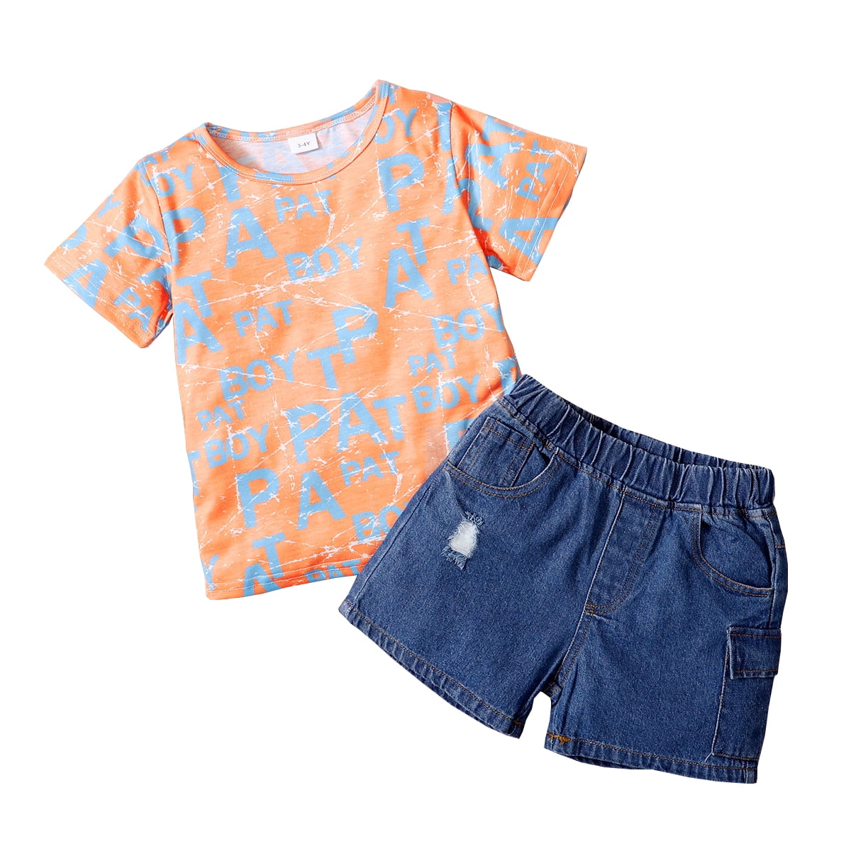 2pcs Kid Boy Letter Print Short-sleeve Tee and Ripped Denim Shorts Set