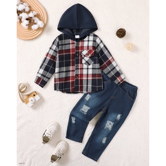 Toddler Baby Boys Clothes Outfits Kids Hoodie Flannel Shirts Set Plaid Hooded Tops  Jeans Pants Fall Winter 2-6T