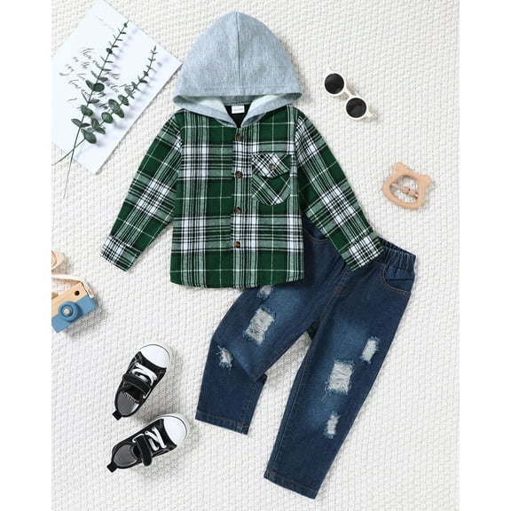 Toddler Baby Boys Clothes Outfits Kids Hoodie Flannel Shirts Set Plaid Hooded Tops +Jeans Pants Fall Winter 2-6T