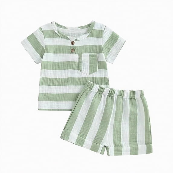Toddler Baby Boys Clothing Sets Striped Button Short Sleeve T-Shirt with Elastic Waist Shorts Outfit Kids Summer Set
