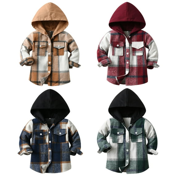 Toddler Baby Boys Cotton Long Sleeve Plaid Lapels Hooded Shirt Coat