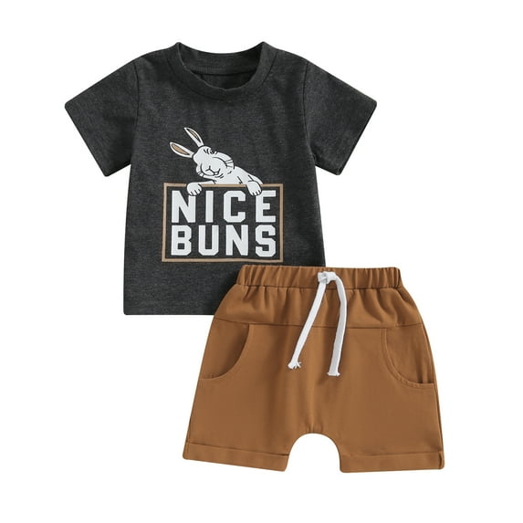 Toddler Baby Boys Easter Outfits Letter Bunny Print Short Sleeve T-Shirt Solid Color Shorts Set Summer Clothes