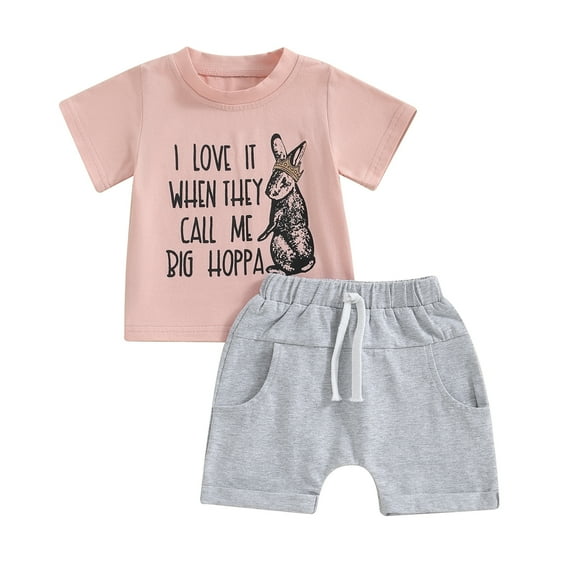 Toddler Baby Boys Easter Outfits Letter Bunny Print Short Sleeve T-Shirt Solid Color Shorts Set Summer Clothes