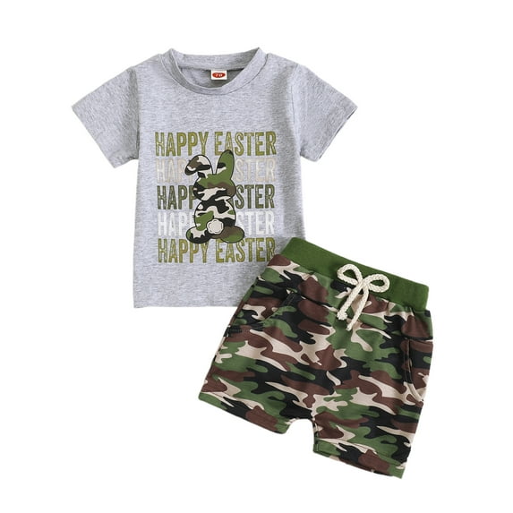 Toddler Baby Boys Easter Shorts Clothing Set 3 6 12 18 24 Months 2T 3T Bunny Print Short Sleeve Round Neck Tops Camouflage Elastic Waistband Pockets Shorts Outfits Sets