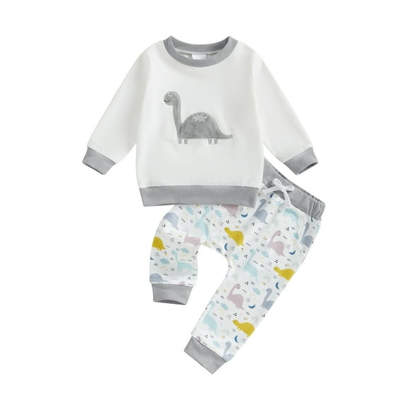 Toddler Baby Boys Fall Outfits 0 6 12 18 24 Months 2T 3T Dinosaur Embroidered Long Sleeve Sweatshirts and Long Pants 2Pcs Clothes Set