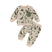 PAERPADE Toddler Baby Boys Fall Outfits 6 12 18 24 Months 2T 3T 4T Dinosaur Print Pocket Long Sleeve Sweatshirts and Long Pants 2Pcs Clothes Set