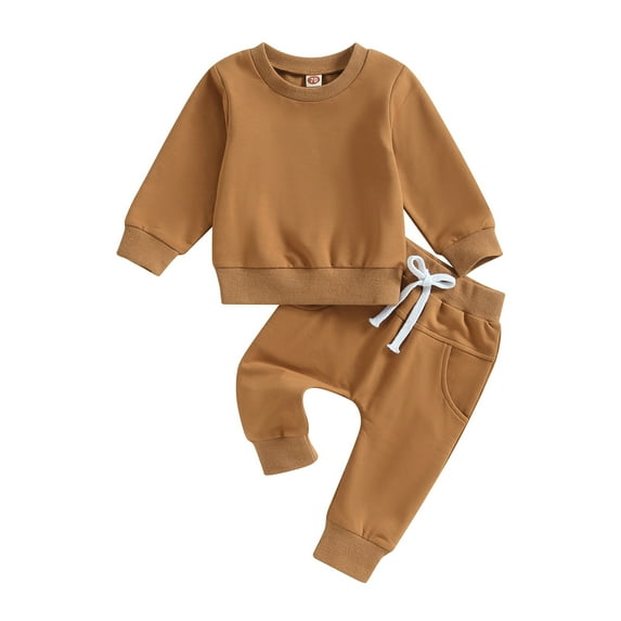 Toddler Baby Boys Fall Outfits 6M 12M 18M 24M 3Y Long Sleeve Pull On Sweatshirt Elastic Waist Pants 2Pcs Solid Clothes Set