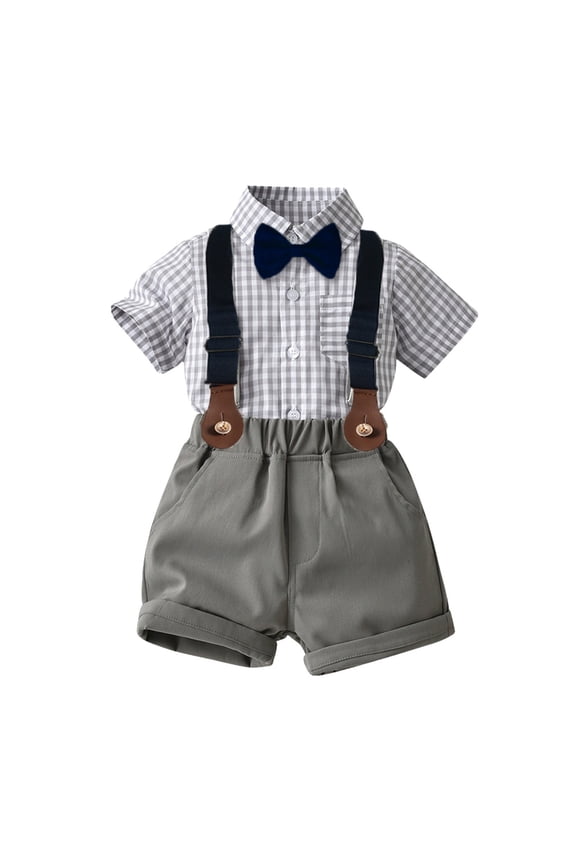 Toddler Baby Boys Formal Suit Gentleman White Bow Tie Shirt Tops+ Suspender Shorts Bib Pants Overalls Clothes 4pcs
