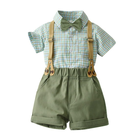Toddler Baby Boys Formal Suit Gentleman White Bow Tie Shirt Tops+ Suspender Shorts Bib Pants Overalls Clothes 4pcs