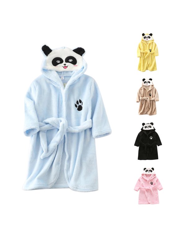 Toddler Baby Boys Girls Bath Robe Outfits Kids Cute Panda Face Hooded Fleece Bathrobe with Ears and Paw Print Cozy Warm Homewear 1-2 Years