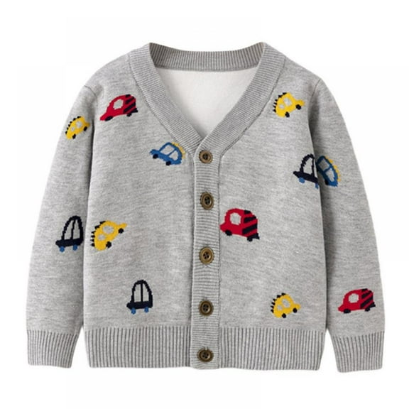 Toddler Baby Boys Girls Cardigan Car Prints Sweater Cardigan Sweater Button-up Cotton Coat 2-7Y