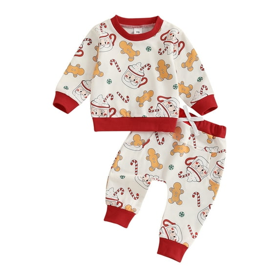 Toddler Baby Boys Girls Christmas Clothing Sets 0 6 12 18 24 Months 2T 3T Gingerbread Man Santa Print Long Sleeve Sweatshirt Long Pants Outfits