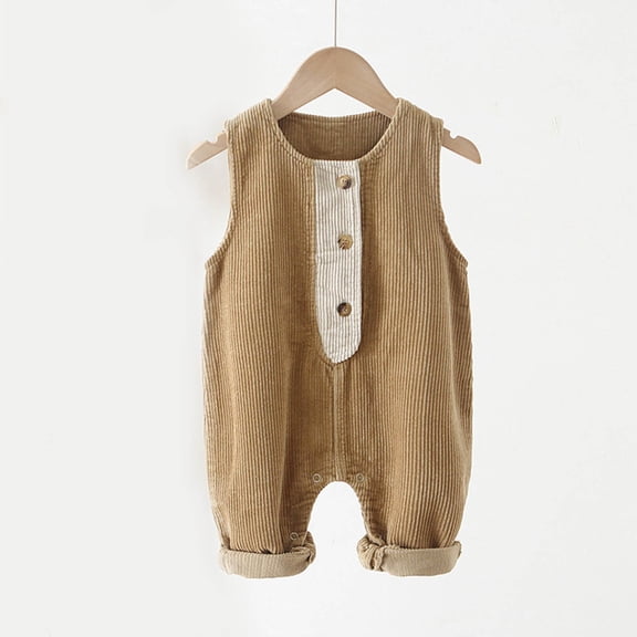 Toddler Baby Boys Girls Corduroy Jumpsuits Solid Color Floral Print Button Down Sleeveless Jumpsuits Long Romper Pants with Pockets Khaki 6-12 Months
