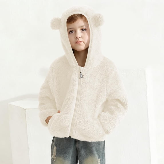 Toddler Baby Boys Girls Cute Fleece Jacket Zip up Hooded Coats Fall Winter Warm Outerwear with Pockets New Girls Jackets Casual Fall White 6 Months