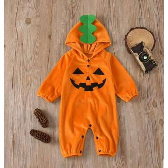 Toddler Baby Boys Girls Halloween Clothes Pumpkin Face Print Romper Long Sleeve Hoodie Outfit Set
