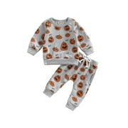 LOLIUICCA Toddler Baby Boys Girls Halloween Outfits Fall Long Sleeve Pumpkin Print Tops + Drawstring Pants Set