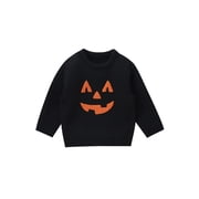 Toddler Baby Boys Girls Halloween Sweaters Pumpkin Face Long Sleeve Ribbed Knitted Pullover Fall Winter Clothes