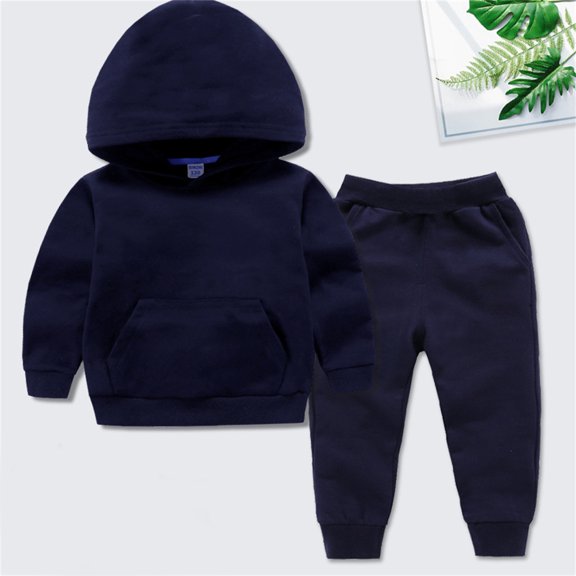 Toddler Baby Boys Girls Hoodie Outfits Solid Color Sweatshirt Tops Jogger Panst 2 Pcs Fall Winter Clothes Set Navy 18-24 Months