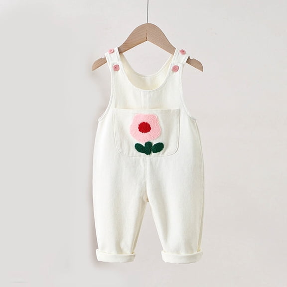 Toddler Baby Boys Girls Jumpsuits Solid Color Floral Print Button Down Sleeveless Jumpsuits Long Romper Pants with Pockets White 0-6 Months