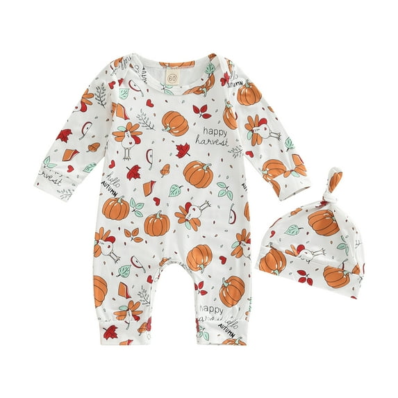 Toddler Baby Boys Girls Long Sleeve Thanksgiving Pumpkin Turkey Romper Harvest Outfit Halloween Clothes