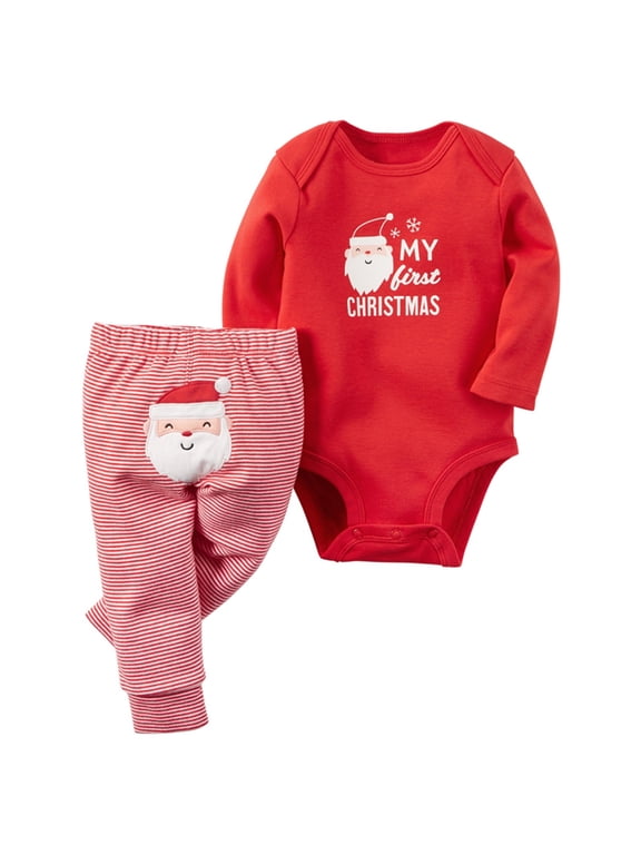 Toddler Baby Boys Girls Outfits Cute My First Christmas Santa Claus Print Long Sleeve Bodysuit Pants Set Festive Holiday Clothes Set Clothes 0-3 Months