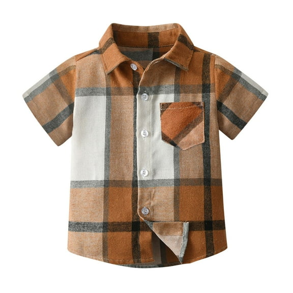 Toddler Baby Boys Girls Plaid Shirts Short Sleeve Lapel Button Down Shirt Summer Casual Classic Top with Chest Pocket Outwear Clothes