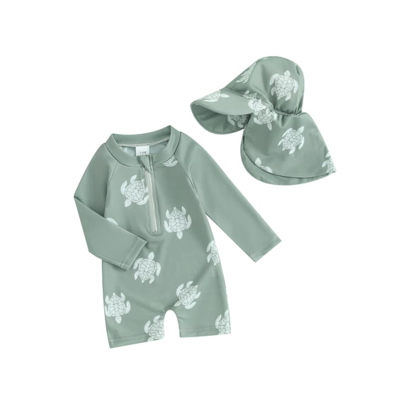 Toddler Baby Boys Girls Swimwear Sets Zipper Rash Guard Swimsuit with Sun Hat UPF50+ Sun Protection Bathing Suit