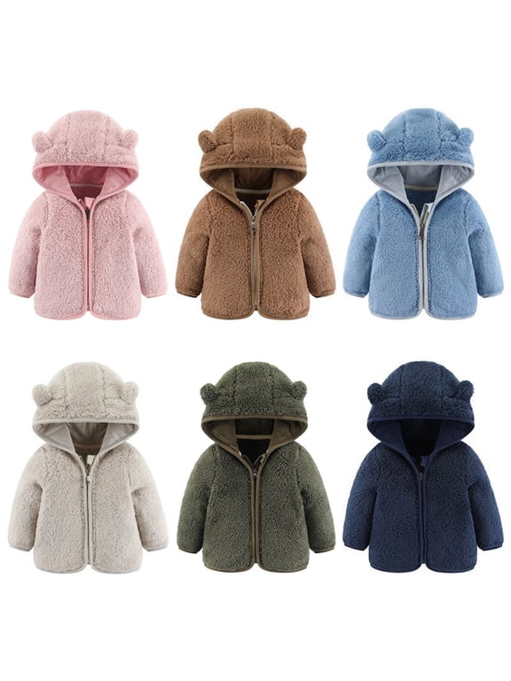 Toddler Baby Boys Girls Teddy Sherpa Jacket Bear Ear Hooded Zip Up Long Sleeve Warm Outerwear 18-24 Months Kids Fall Winter Coats