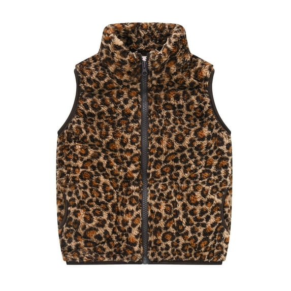 Toddler Baby Boys Girls Vest Fall Winter Warm Lightweight Leopard Print Sleeveless Fleece Zipper Up Jacket with Pocket Faux Fur Vest Plus Size Baby Girl Christmas Jacket 2024 18 Months-7 Years