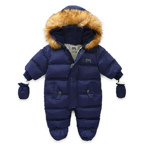 Toddler Baby Boys Girls Winter Footed Snowsuit Fur Trim Hooded Zipper Jumpsuit Coat Thick Warm Down Rompers Outerwear with Gloves