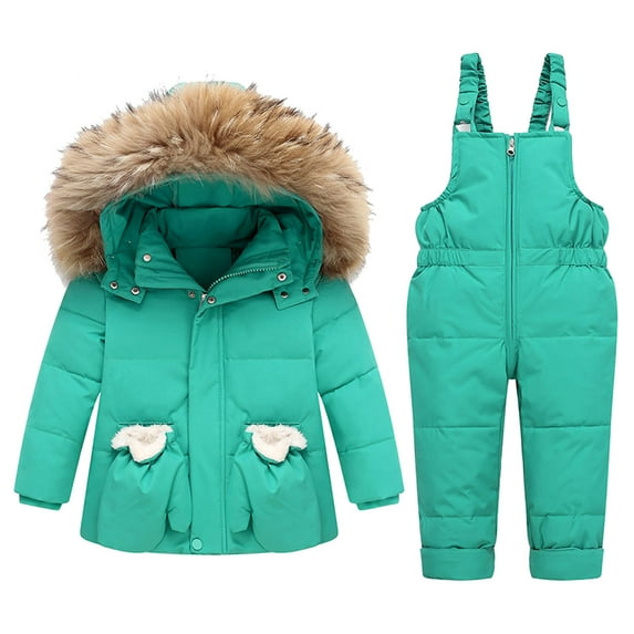 Toddler Baby Boys Girls Winter Snowsuit Down Coat Kids Winter Long Sleeve Hooded Puffer Jackets and Skiing Bibs Pants Set of 2 Piece Ski Suits by Llywey ,Green ,5T