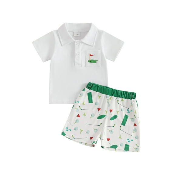 Toddler Baby Boys Golf Outfits Short Sleeve Lapel Collar Half Button-up T-Shirt Tops Elastic Shorts Set Infant Summer Clothes