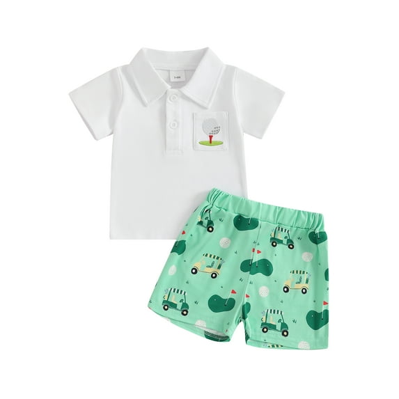 Toddler Baby Boys Golf Outfits Short Sleeve Lapel Collar Half Button-up T-Shirt Tops Elastic Shorts Set Infant Summer Clothes