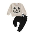 thumbnail image 1 of Toddler Baby Boys Halloween Clothing Set 0 6 12 18 24 Months 2T 3T Pumpkin Face Print Crew Neck Long Sleeve Sweatshirts Tops and Long Pants 2Pcs Fall Outfits, 1 of 9