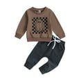 thumbnail image 1 of Toddler Baby Boys Halloween Outfits 0 6 12 18 24 Months 2T 3T Checkerboard Ghost Print Crew Neck Long Sleeve Sweatshirts and Long Pants 2Pcs Fall Clothes Set, 1 of 9