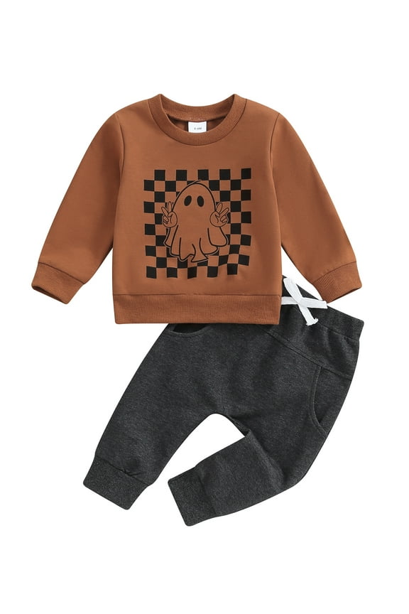Toddler Baby Boys Halloween Outfits 0 6 12 18 24 Months 2T 3T Checkerboard Ghost Print Crew Neck Long Sleeve Sweatshirts and Long Pants 2Pcs Fall Clothes Set