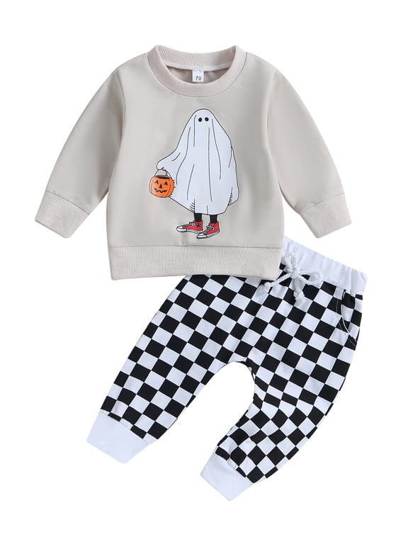 Toddler Baby Boys Halloween Outfits 0 6 12 18 24 Months 2T 3T Long Sleeve Cartoon Ghost Sweatshirt Tops + Checkerboard Pants Clothing Set