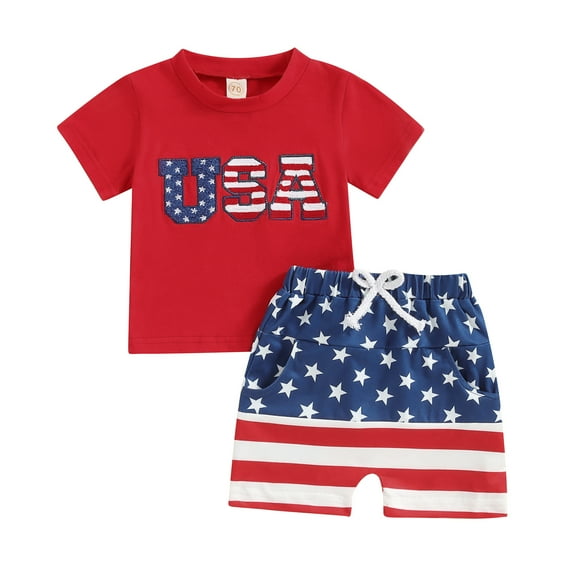 Toddler Baby Boys Outfits for 4th of July 6 12 18 24 Months 2T 3T 4T Fuzzy Letter Embroidery Short Sleeve T-Shirts Tops Stripe Stars Print Shorts 2Pcs Clothes Set