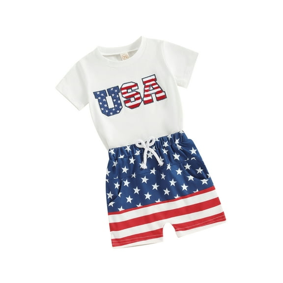 Toddler Baby Boys Outfits for 4th of July 6 12 18 24 Months 2T 3T 4T Fuzzy Letter Embroidery Short Sleeve T-Shirts Tops Stripe Stars Print Shorts 2Pcs Clothes Set
