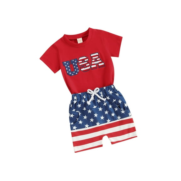 Toddler Baby Boys Outfits for 4th of July 6 12 18 24 Months 2T 3T 4T Fuzzy Letter Embroidery Short Sleeve T-Shirts Tops Stripe Stars Print Shorts 2Pcs Clothes Set