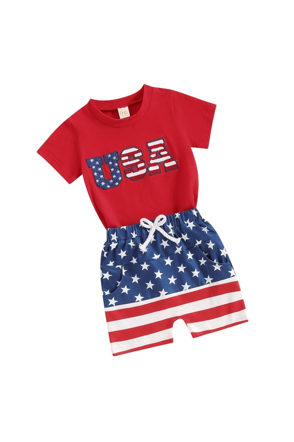 Toddler Baby Boys Outfits for 4th of July 6 12 18 24 Months 2T 3T 4T Fuzzy Letter Embroidery Short Sleeve T-Shirts Tops Stripe Stars Print Shorts 2Pcs Clothes Set