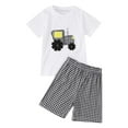 thumbnail image 1 of Toddler Baby Boys Outfits Short Sleeve Tractor Applique Shirt Tops + Gingham Shorts 2Pcs Set, 1 of 5