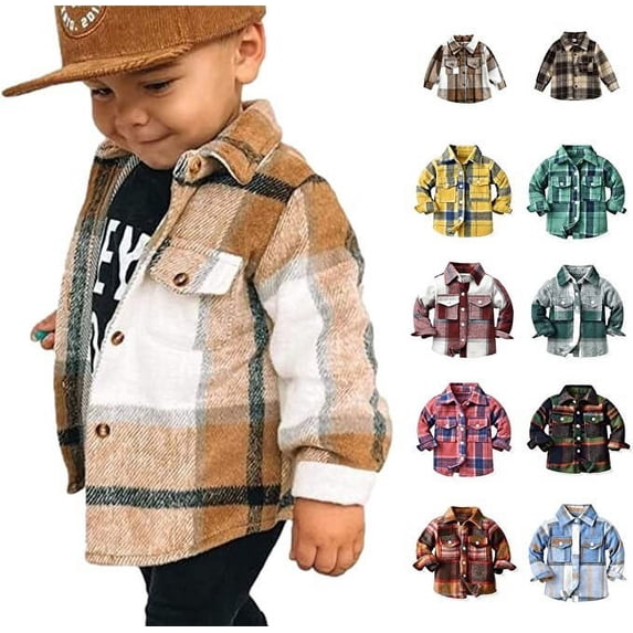 Toddler Baby Boys Plaid Flannel Shirt Jacket Long Sleeve Lapel Button Down Shacket Coats Family Matching Tops(Coffee110)