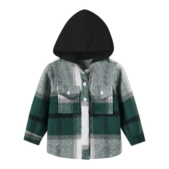 Toddler Baby Boys Plaid Jacket Shirt Down Shirts Coat Tops Spring Button With Pocket Hooded Long Sleeve Outer Oututwear