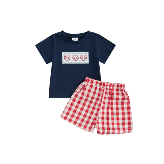 Toddler Baby Boys Shorts Set 6 12 18 24 Months 2T 3T 4T Baseball Embroidered Short Sleeve Round Neck Tops Elastic Waistband Plaid Shorts Clothes Sets