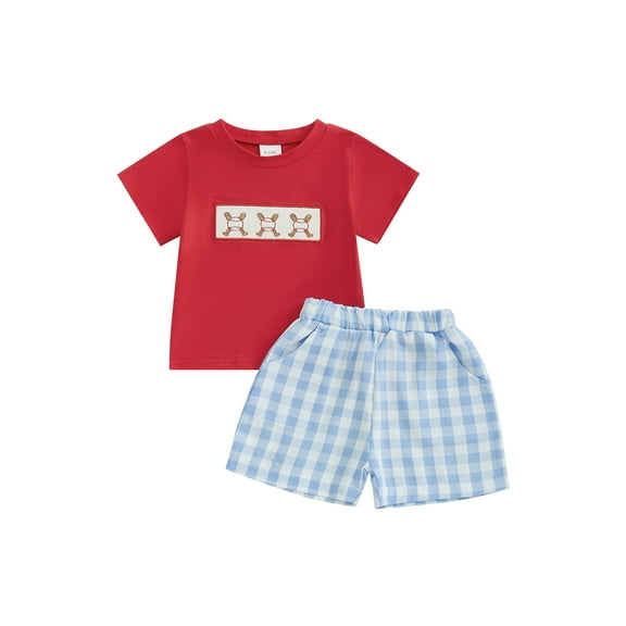 Toddler Baby Boys Shorts Set 6 12 18 24 Months 2T 3T 4T Baseball Embroidered Short Sleeve Round Neck Tops Elastic Waistband Plaid Shorts Clothes Sets