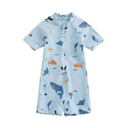 Toddler Baby Boys Summer One-piece Swimsuit., Marine Life Print Short Sleeve Zipper Shorts Swimsuit