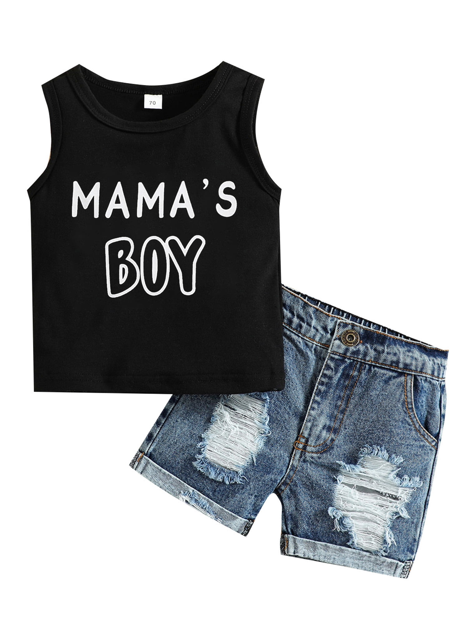 Toddler Boys Summer Outfit Set - Letter Print Short Sleeve Tee And Denim Shorts (3-7T)